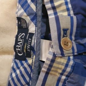 Chaps blue,white and yellow plaid golf shorts. 100% cotton.